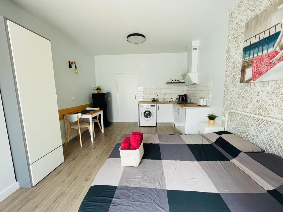 Bed, Kitchen or kitchenette, Living room, Photo of the whole room, Seating area, Dining area, Bedroom, stove, toaster, washing machine