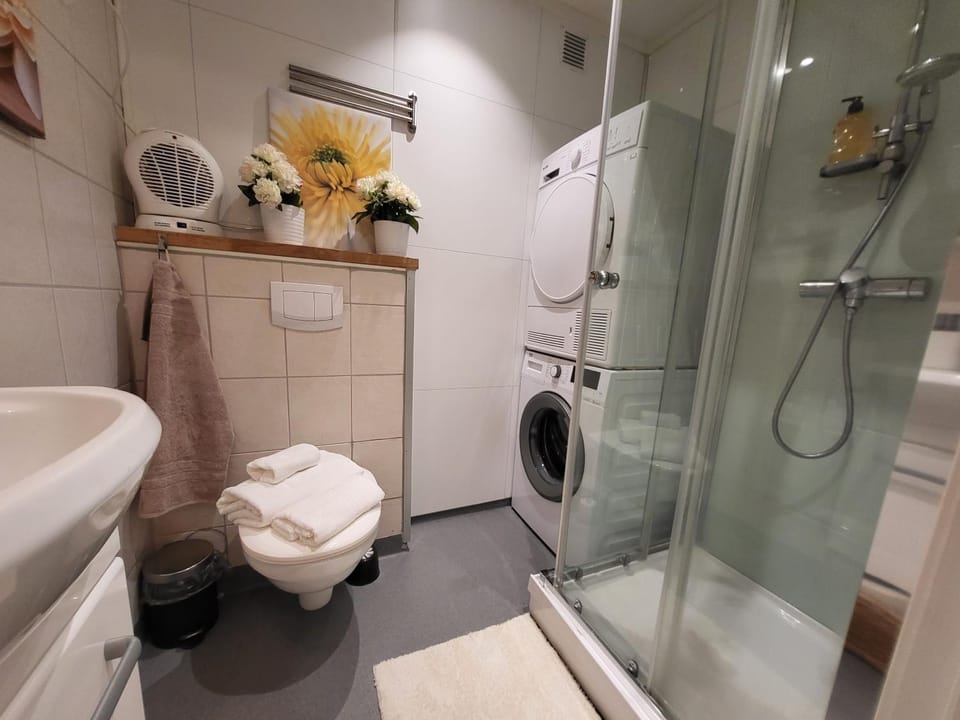 Shower, Toilet, Bathroom, towels, washing machine, dryer