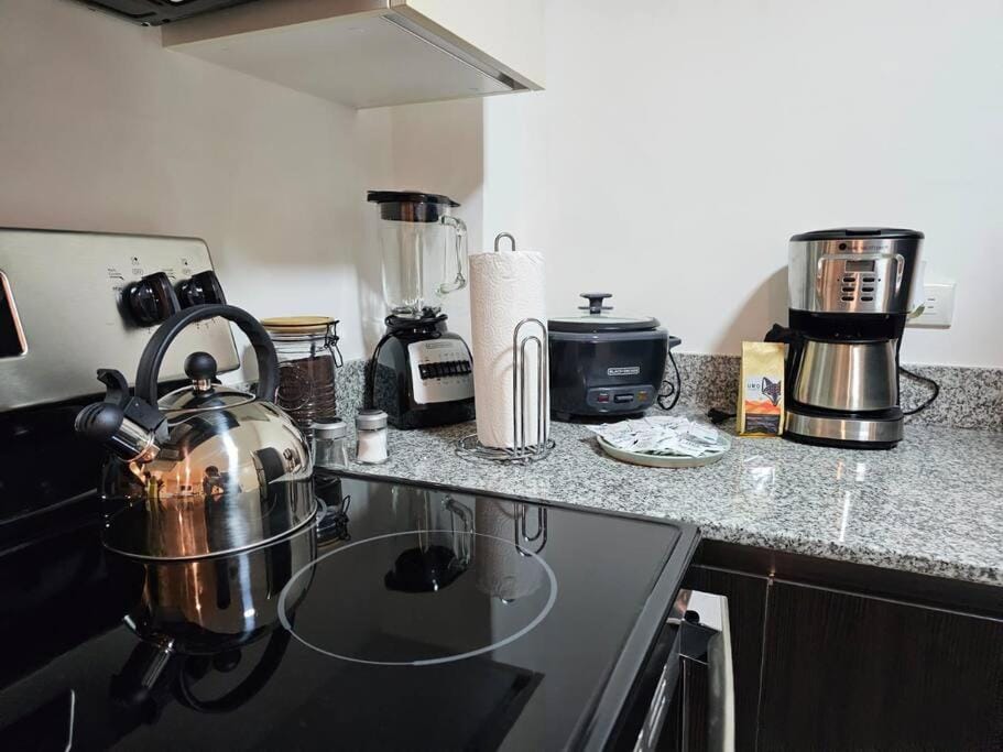 Coffee/tea facilities, Kitchen or kitchenette, stove