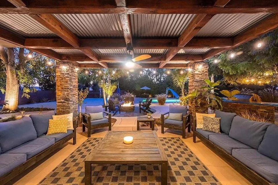 Patio, Night, Living room, Seating area