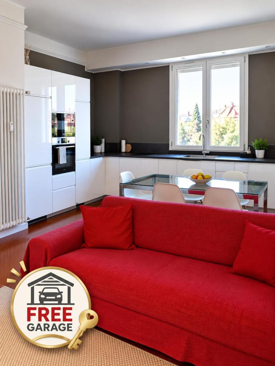 Kitchen or kitchenette, Living room, Seating area, Dining area, stove