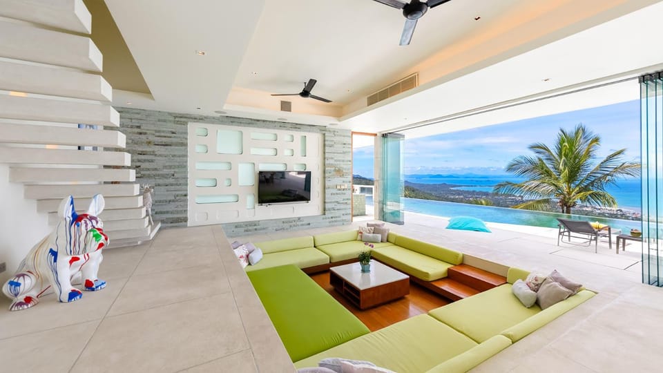 Patio, Living room, Seating area, Pool view, Sea view, sunbed