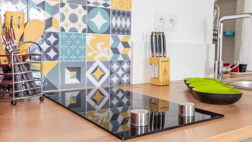 Kitchen or kitchenette, stove