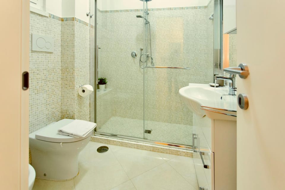 Shower, Toilet, bidet, towels
