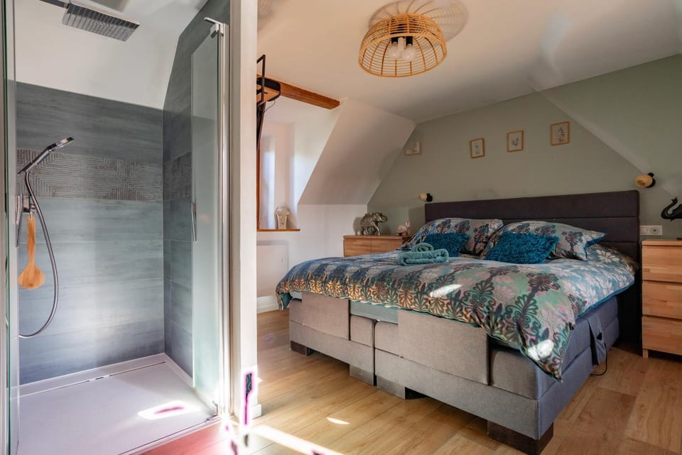 Shower, Bed, Photo of the whole room, Bedroom, towels, wardrobe