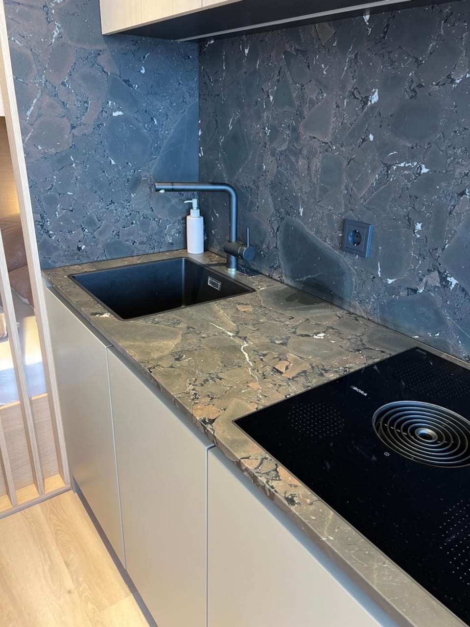 Kitchen or kitchenette, stove