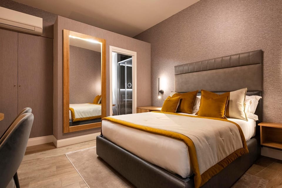 Bed, wardrobe