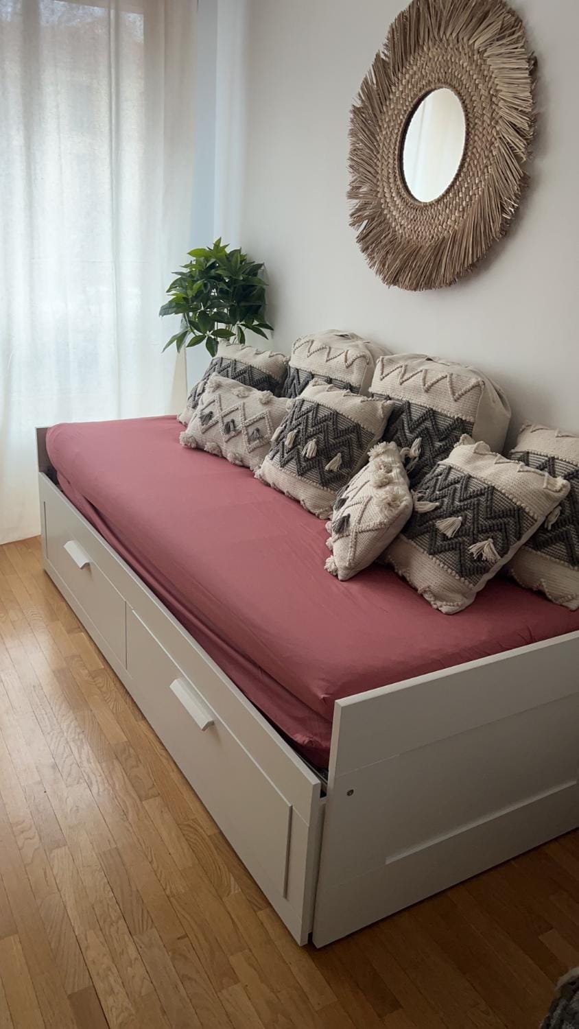 Bed, Living room, Seating area