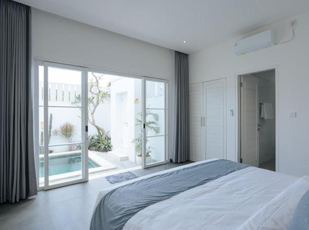 Bedroom, Pool view, air conditioner