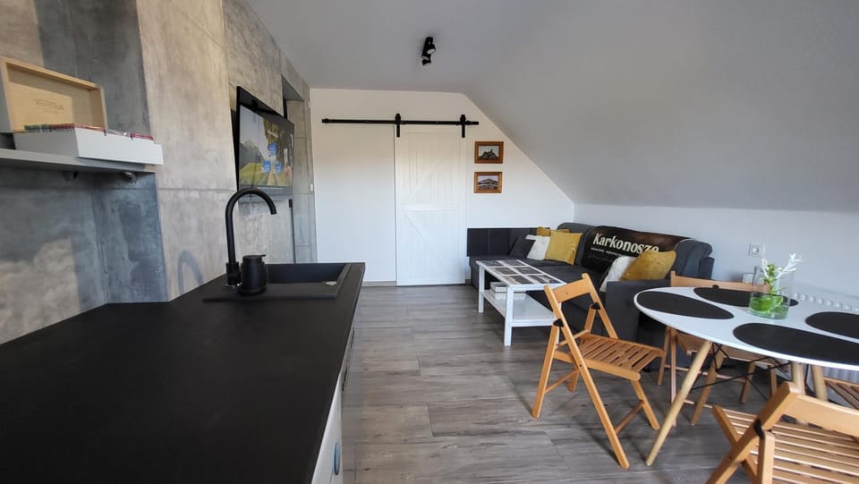 Kitchen or kitchenette, Living room, Seating area, Dining area
