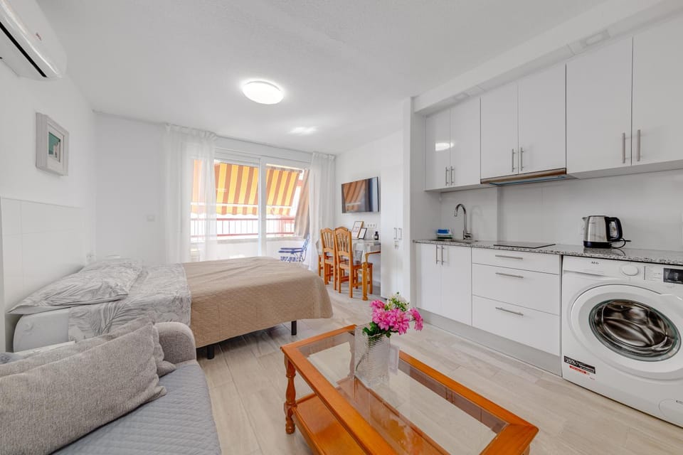 Bed, TV and multimedia, Kitchen or kitchenette, Living room, Photo of the whole room, stove, washing machine