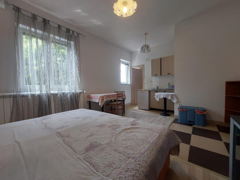 Bed, Kitchen or kitchenette, Seating area