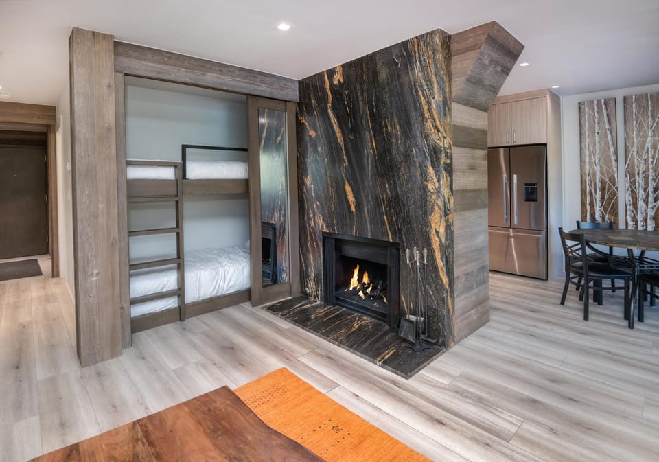 Bed, fireplace