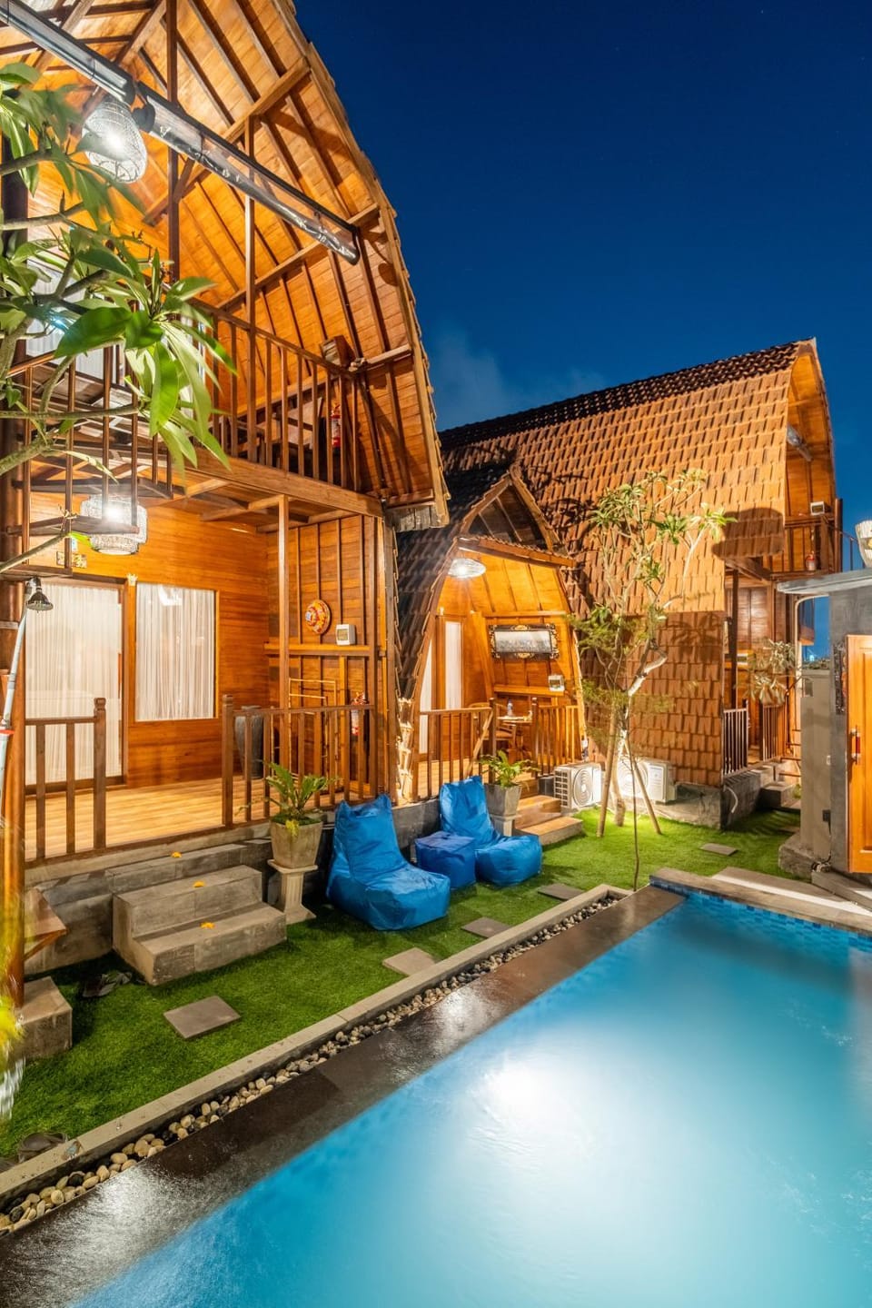Property building, Night, Natural landscape, Garden, Garden view, Pool view, Swimming pool