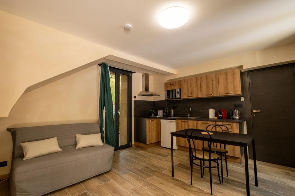 Bed, Coffee/tea facilities, Kitchen or kitchenette, Living room, Photo of the whole room, Seating area, minibar