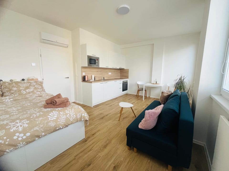 Bed, Kitchen or kitchenette, Living room, Seating area, Bedroom