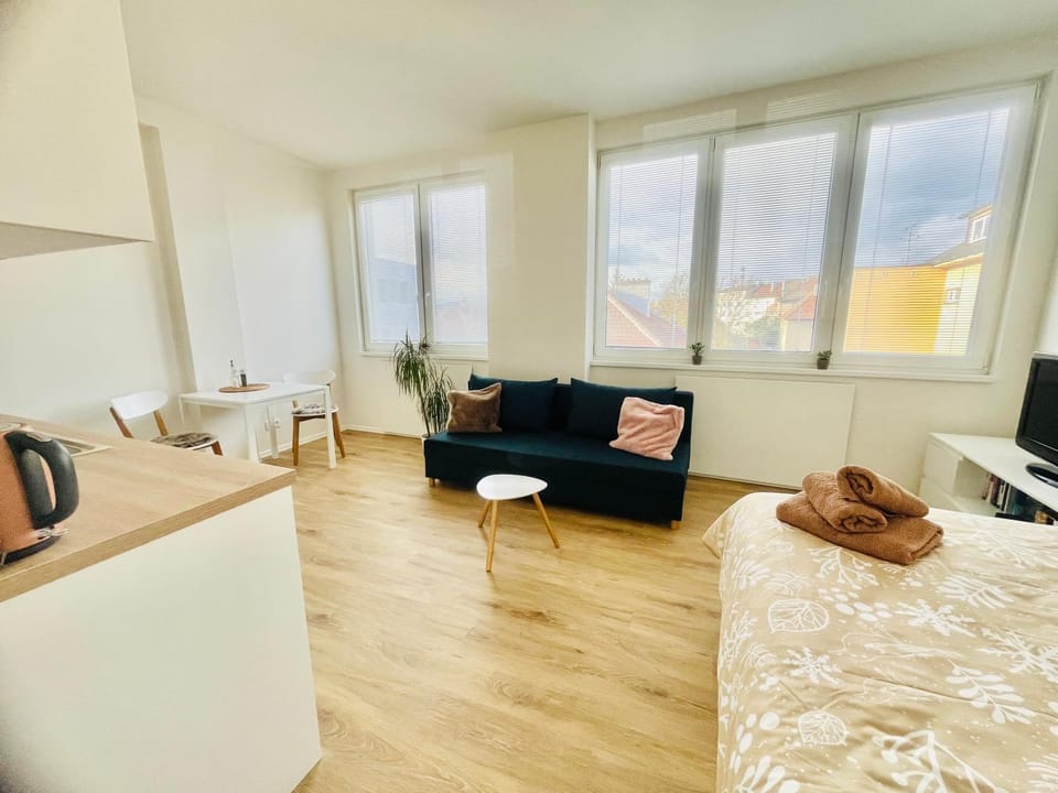 Bed, Living room, Seating area, Bedroom