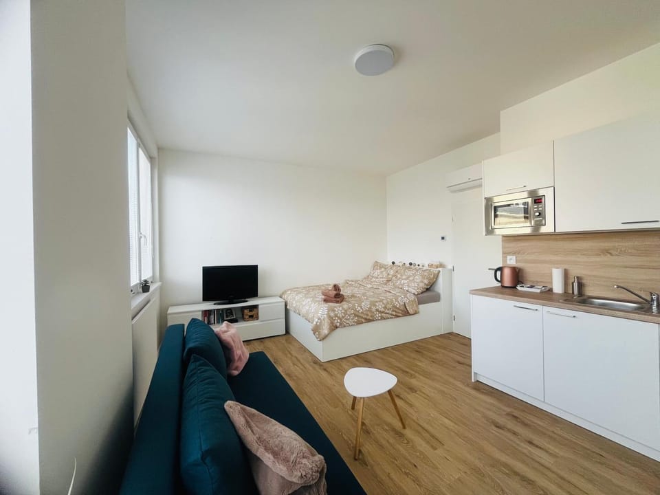 Bed, TV and multimedia, Kitchen or kitchenette, Living room, Seating area