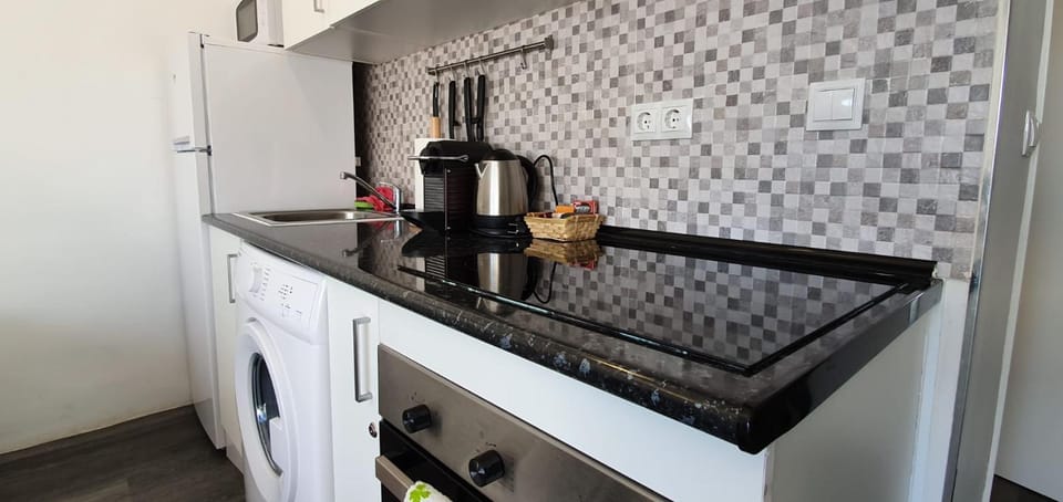 Kitchen or kitchenette, oven, stove, washing machine