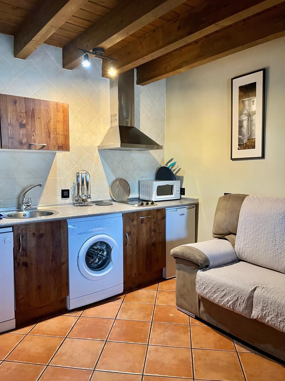 Kitchen or kitchenette, Living room, Seating area, washing machine