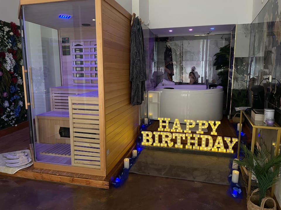 Hot Tub, Hot Tub, Sauna, Text overlay