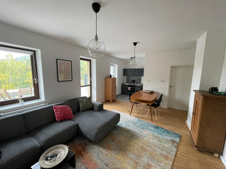 Kitchen or kitchenette, Living room, Seating area, Dining area