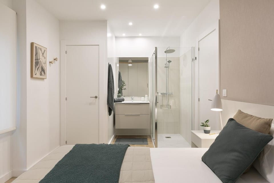 Shower, Bed, Bathroom, Bedroom