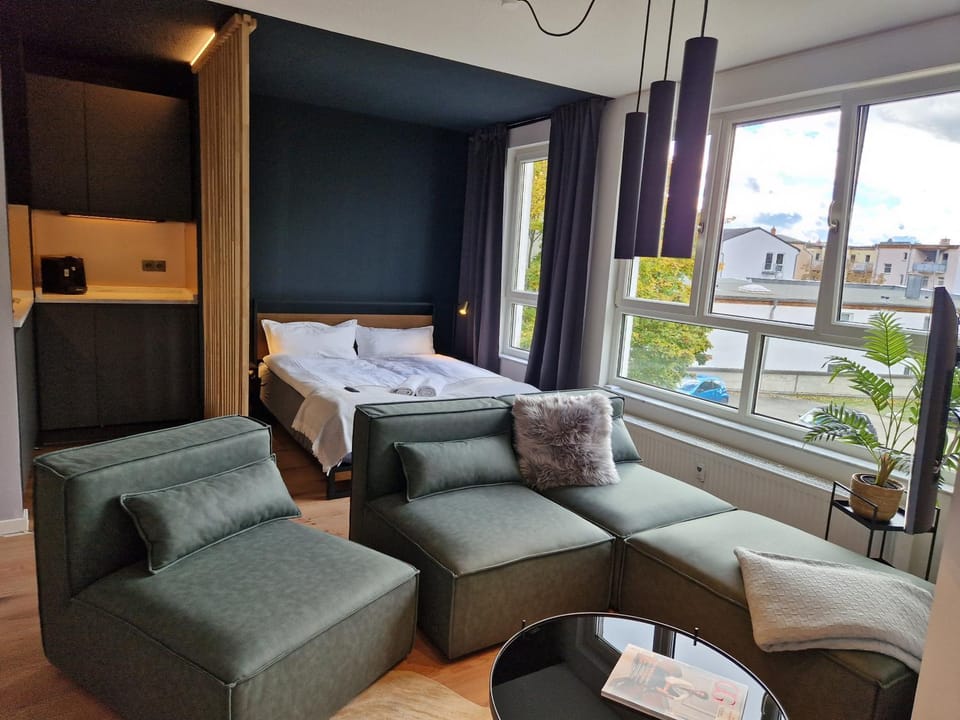 Bed, Living room, Seating area