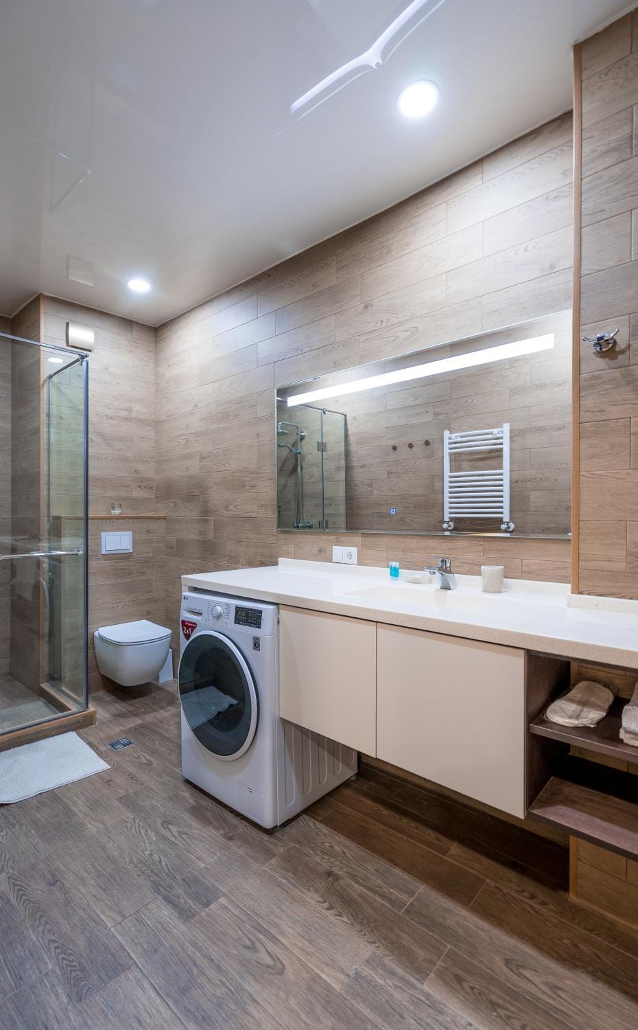 Shower, Toilet, Bathroom, towels, washing machine, dryer