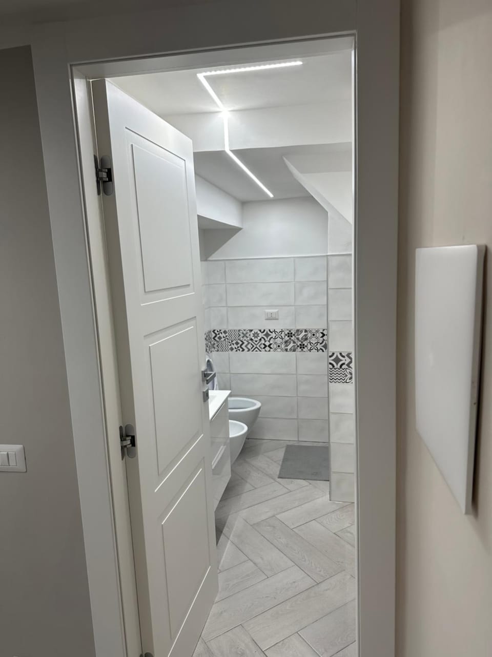Shower, Toilet, Bathroom, bidet, flat iron, hair dryier, towels, washing machine