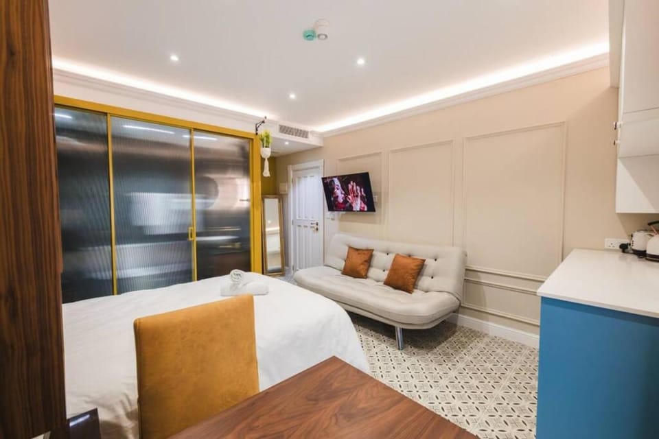 Bed, TV and multimedia, Kitchen or kitchenette, Photo of the whole room, Seating area