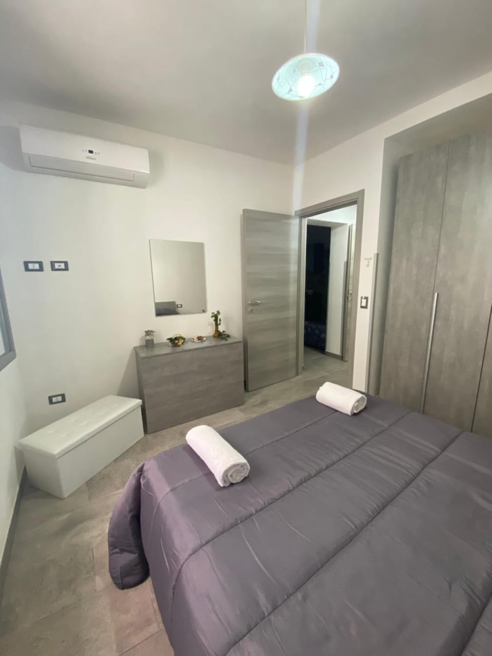 Bed, Photo of the whole room, Bedroom, towels, air conditioner