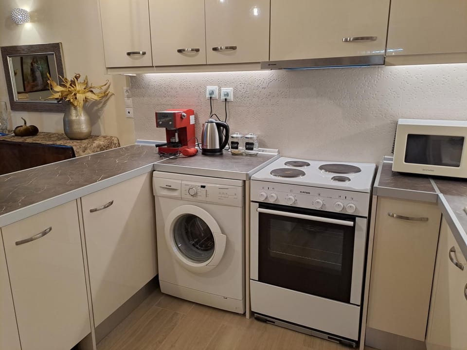 Coffee/tea facilities, Kitchen or kitchenette, microwave, oven, stove, washing machine