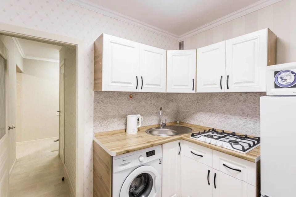 Kitchen or kitchenette, minibar, stove, washing machine
