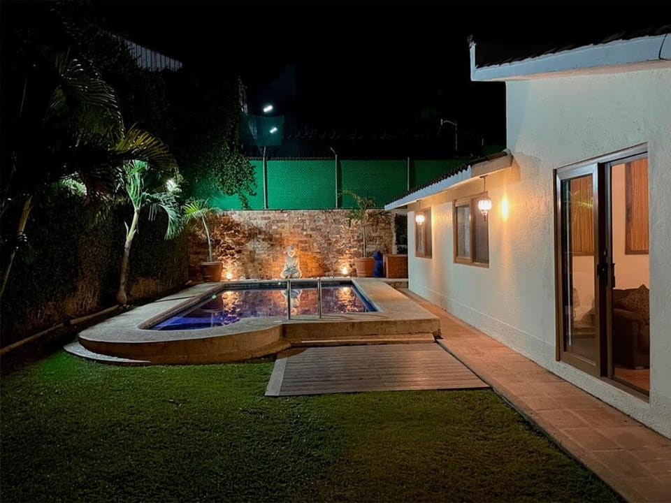 Patio, Night, Natural landscape, Garden, Garden view, Pool view, Swimming pool, sunbed
