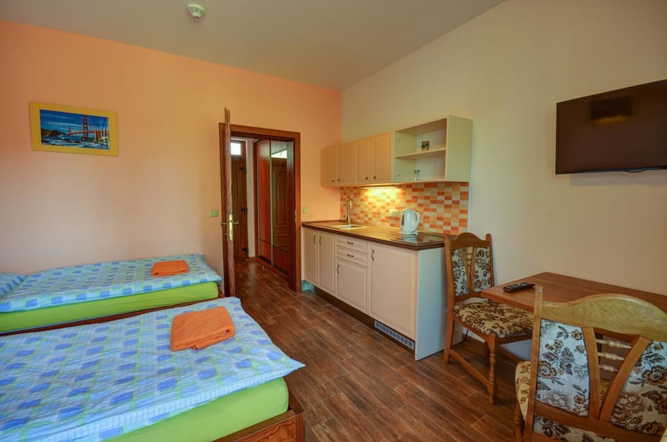Kitchen or kitchenette, Living room, Seating area, Bedroom