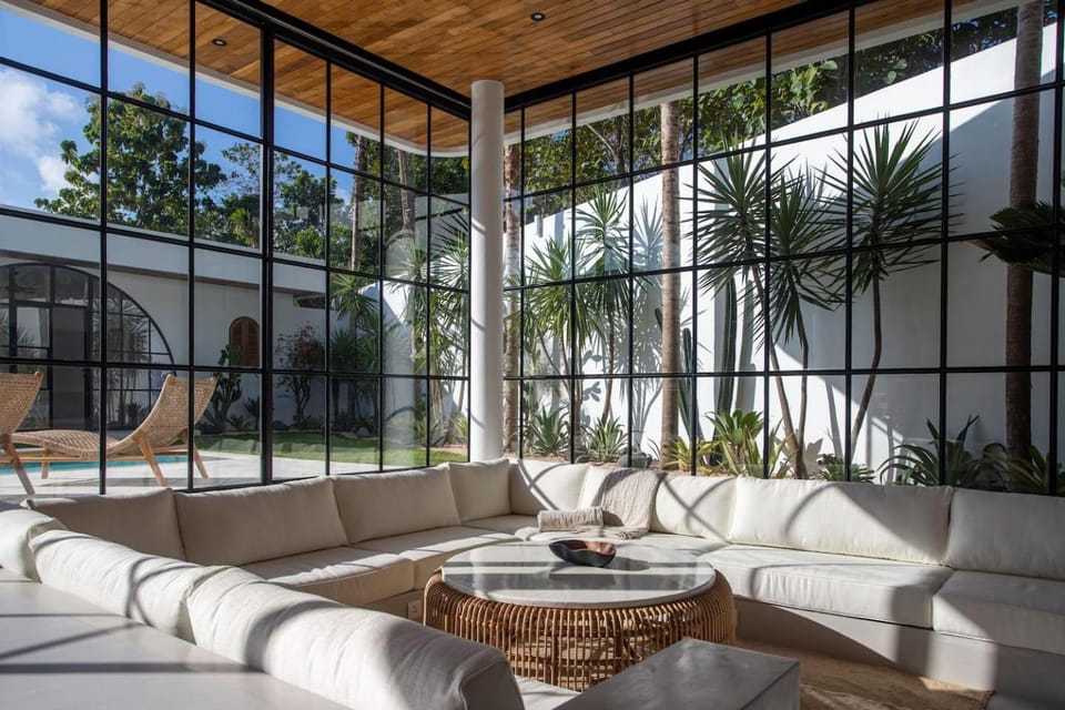 Property building, Living room, Seating area, Garden view