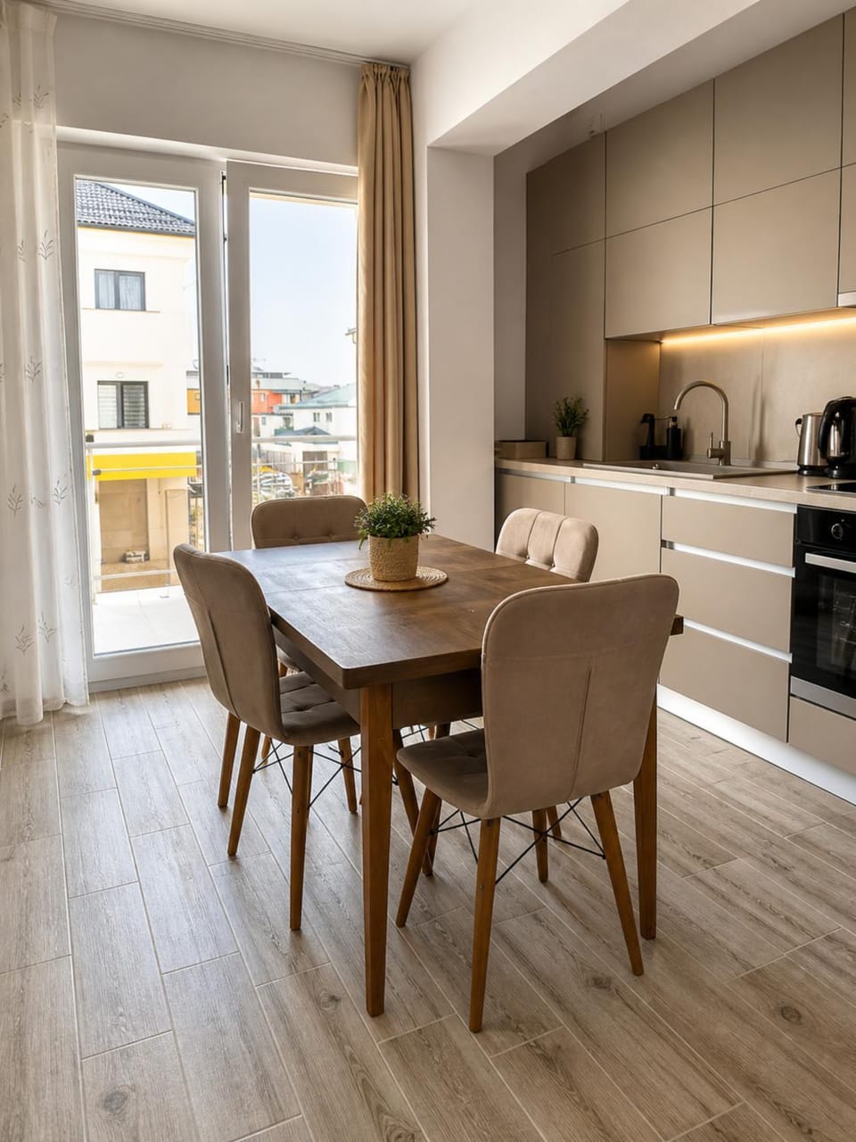 Kitchen or kitchenette, Living room, Seating area, Dining area, stove