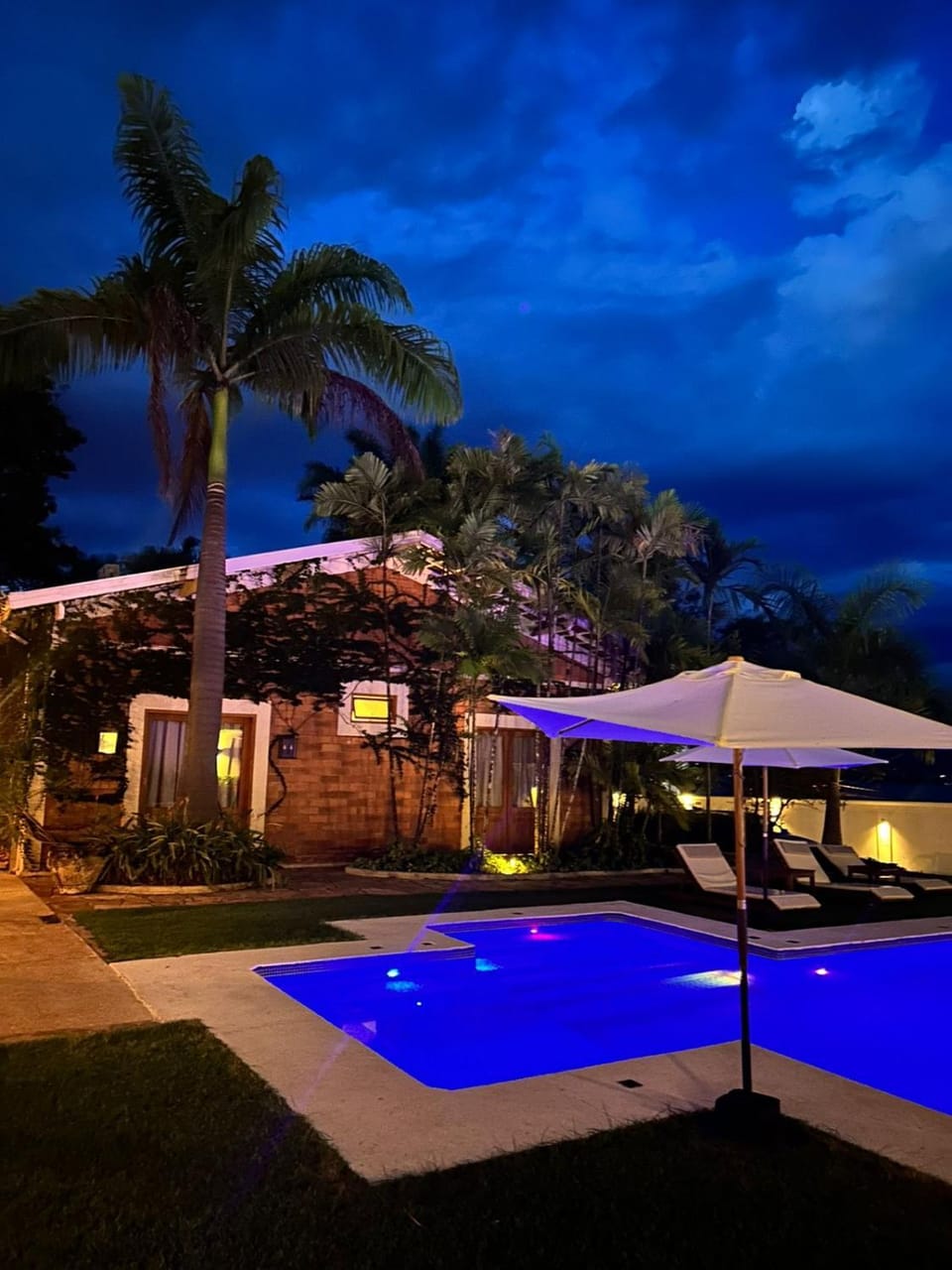 Night, Pool view, Swimming pool, sunbed