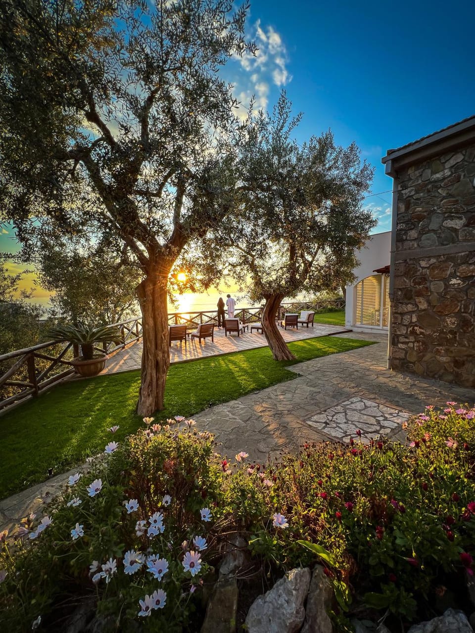 Spring, Garden, Sea view, Sunset