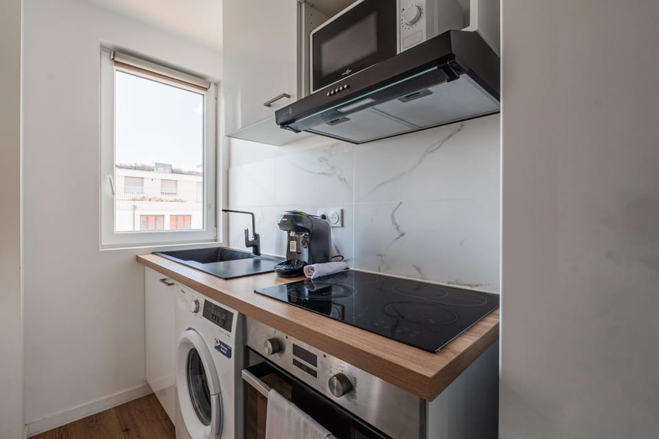 Kitchen or kitchenette, stove