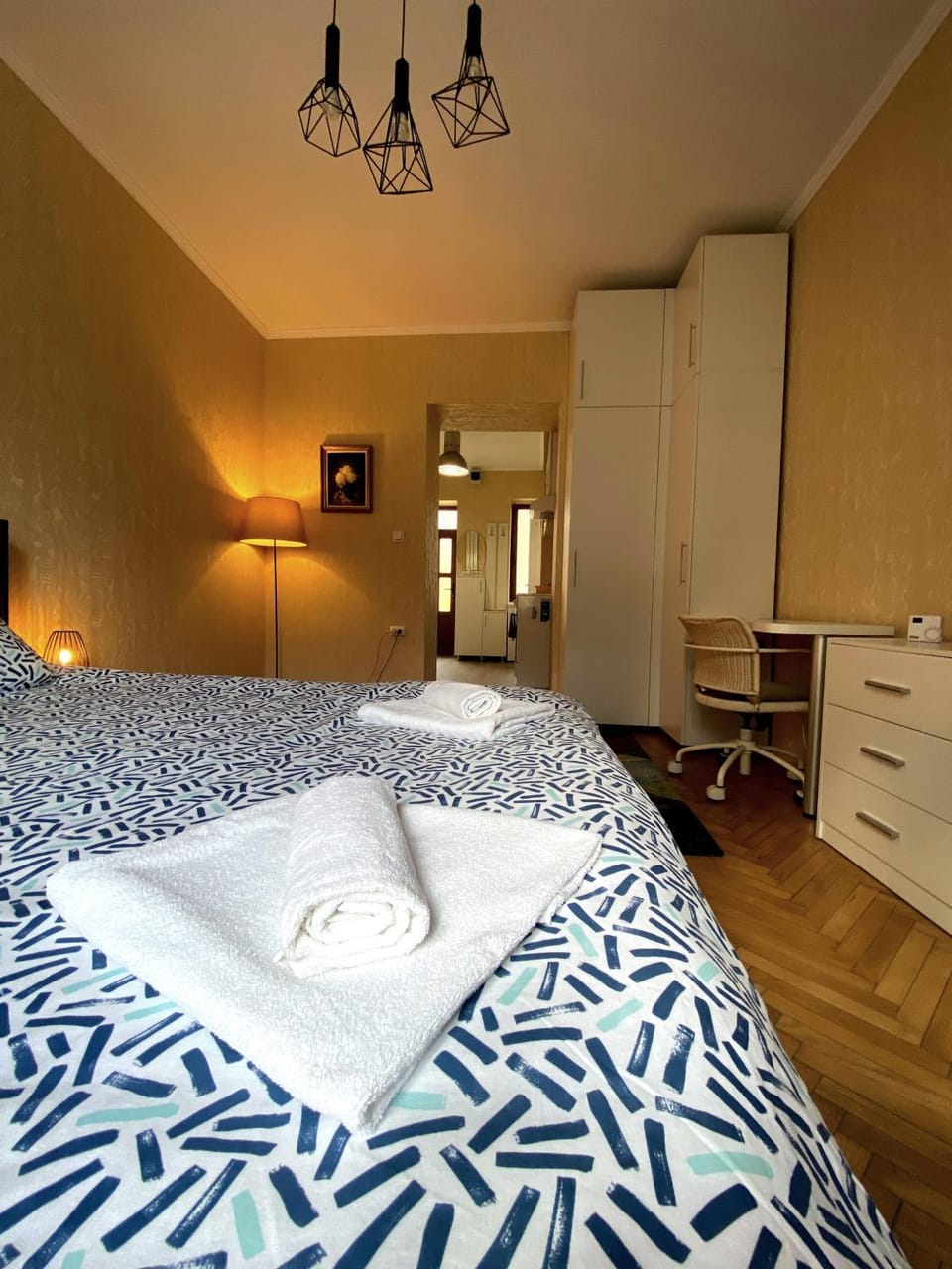 Bed, Photo of the whole room, Bedroom, hair dresser, towels, wardrobe