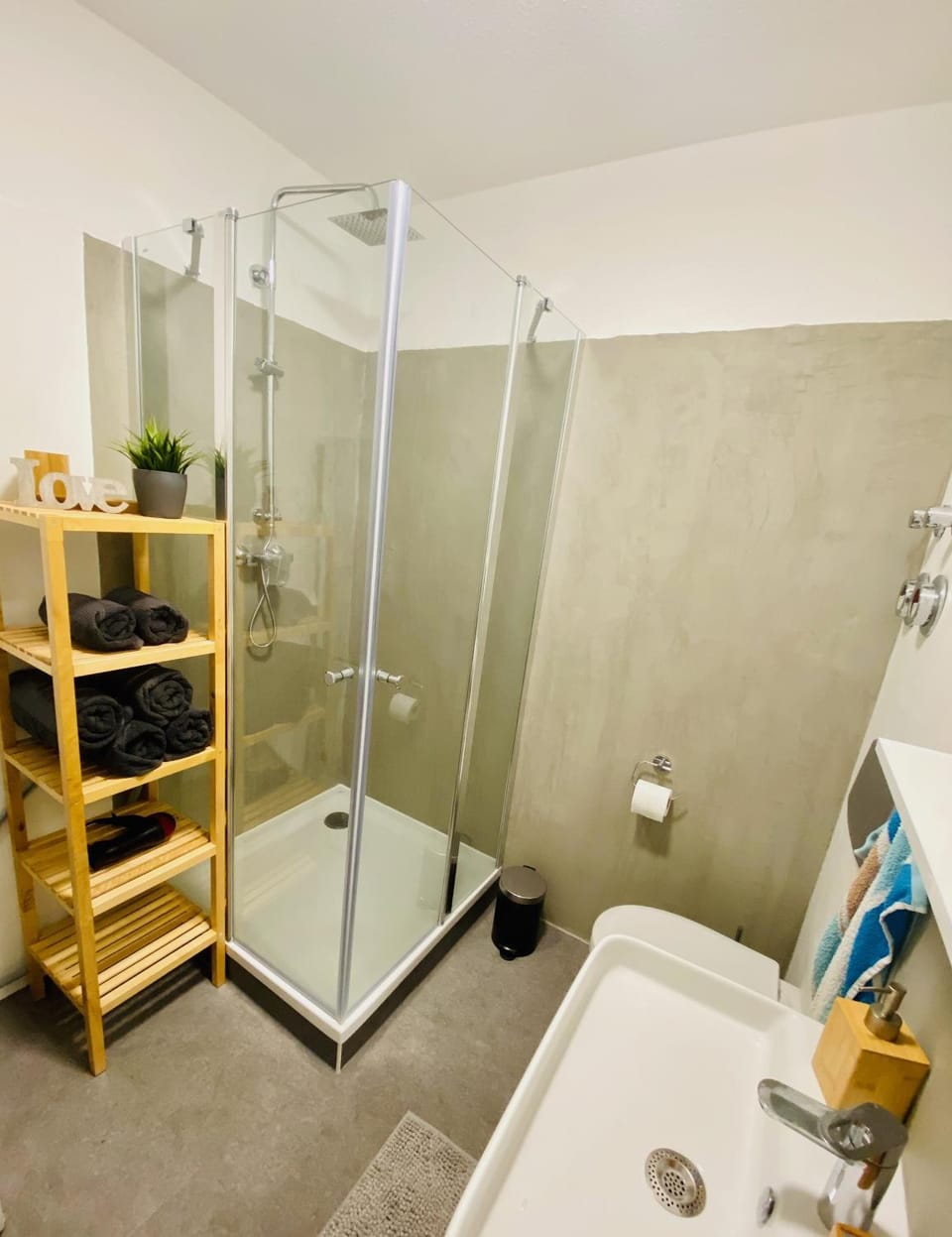 Shower, Toilet, Bathroom, heating, towels, washing machine, dryer