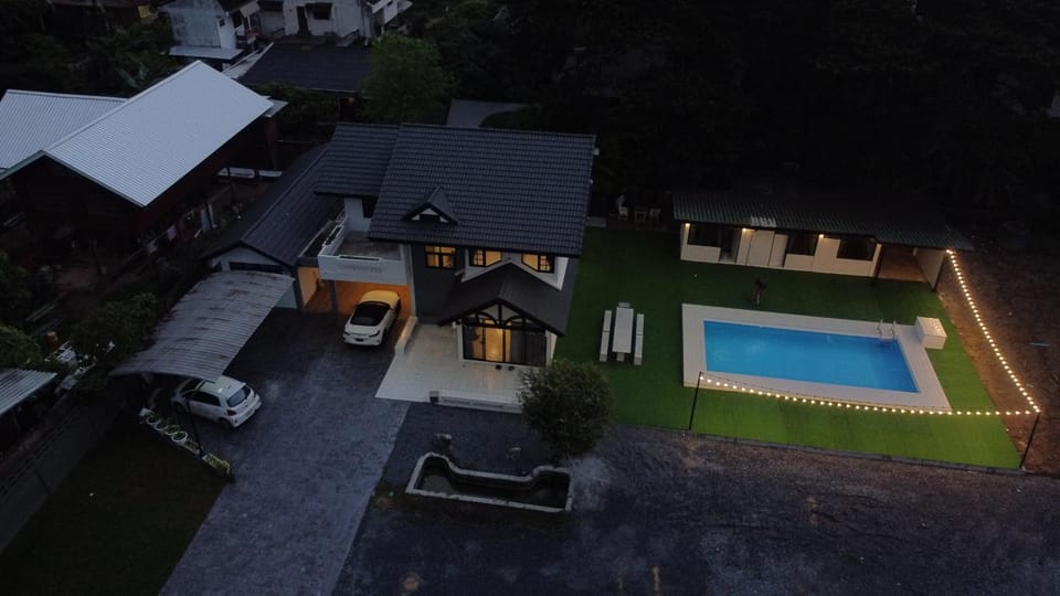 Property building, Night, Bird's eye view, Pool view, Swimming pool, Parking, sunbed