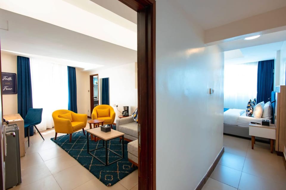 Bed, Living room, Seating area