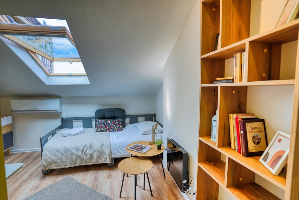 Bed, Library, Living room, Bedroom
