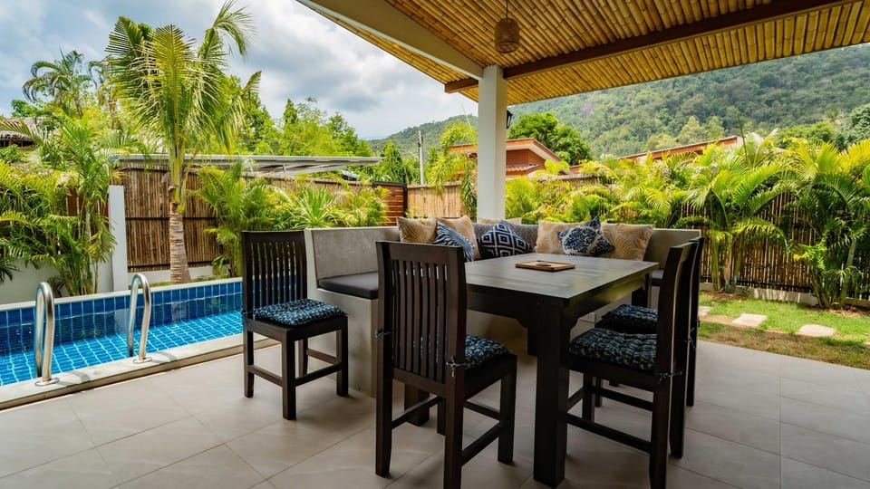 Patio, Day, Garden, View (from property/room), Balcony/Terrace, Dining area, Mountain view, Pool view, Swimming pool