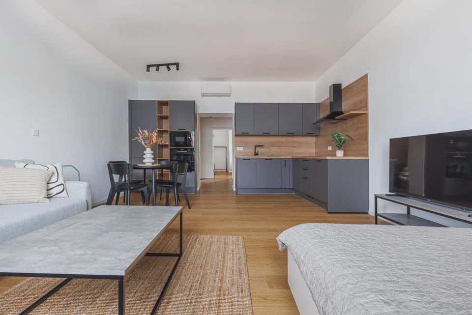 Bed, TV and multimedia, Kitchen or kitchenette, Living room, Seating area, Dining area, Bedroom, dishwasher, internet, microwave, oven, stove, toaster, kitchen, air conditioner