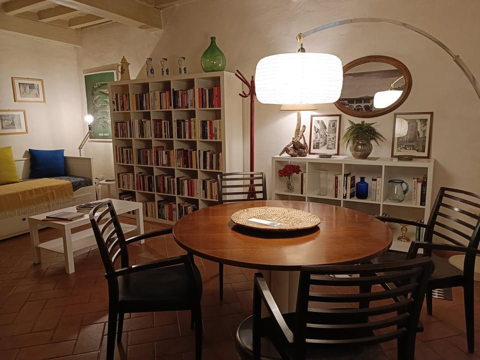 Library, Living room, Seating area, Dining area