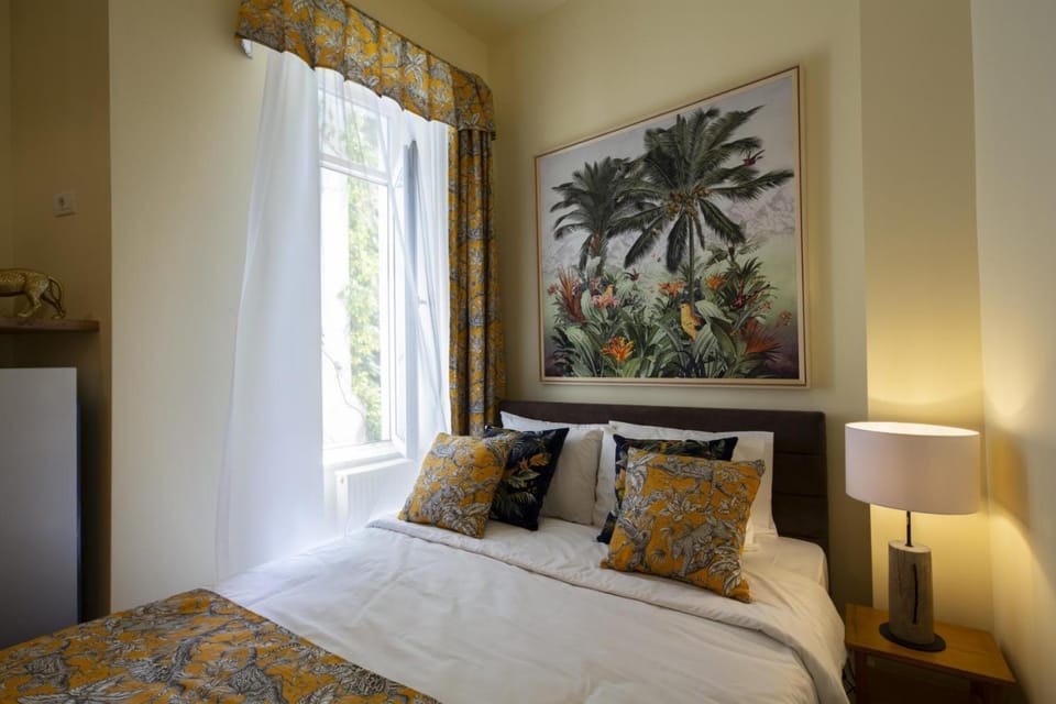 Bed, Decorative detail, Bedroom, Garden view